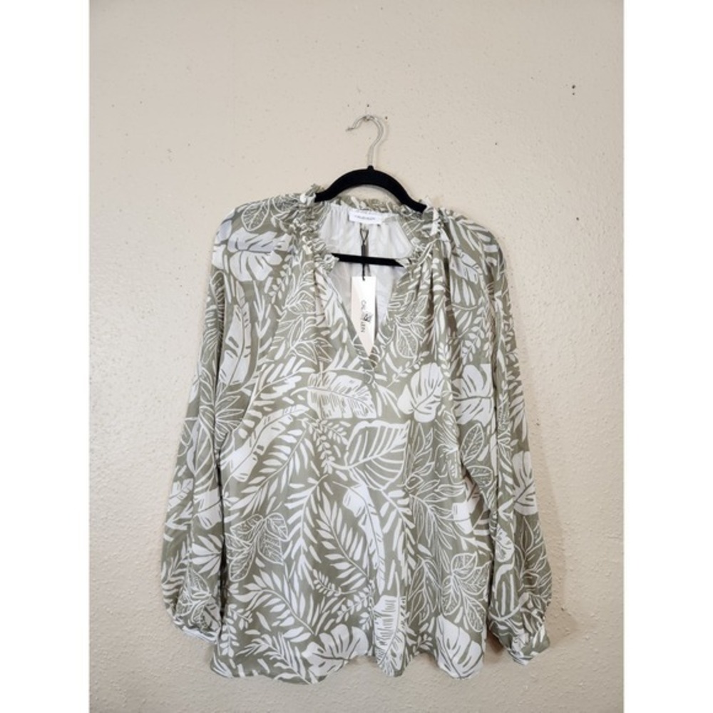 Calvin Klein Blouse Top Tropical Print Long Sleeve Ruffle Neck Women's L NWT